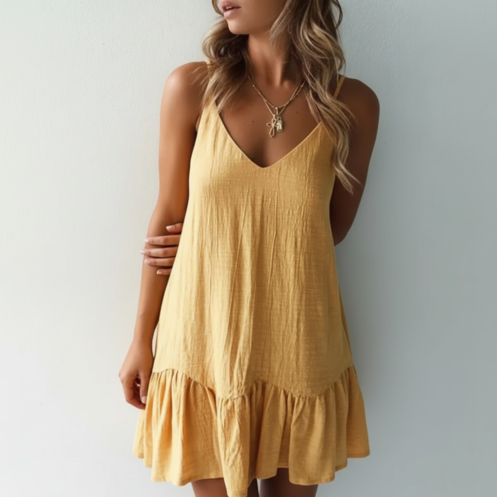 Trendiges Jolina Damen Rüschen Minikleid: sommerliches Freizeitkleid mit V-Ausschnitt und Spaghettiträgern, leicht.