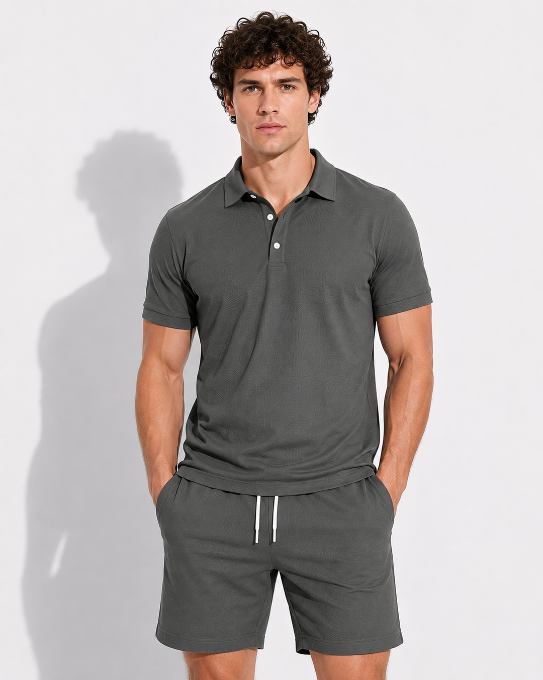 Komplettes Herren Set: Lässiges Polohemd & Shorts für entspannte Sommer-Freizeit. Modernes Outfit für Männer.