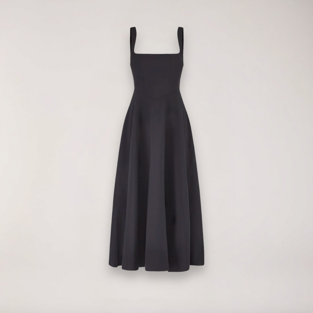 Stilvolles Damenkleid, Midi, Slim Fit, fließend, ärmellos, V-Ausschnitt, für festliche Anlässe.