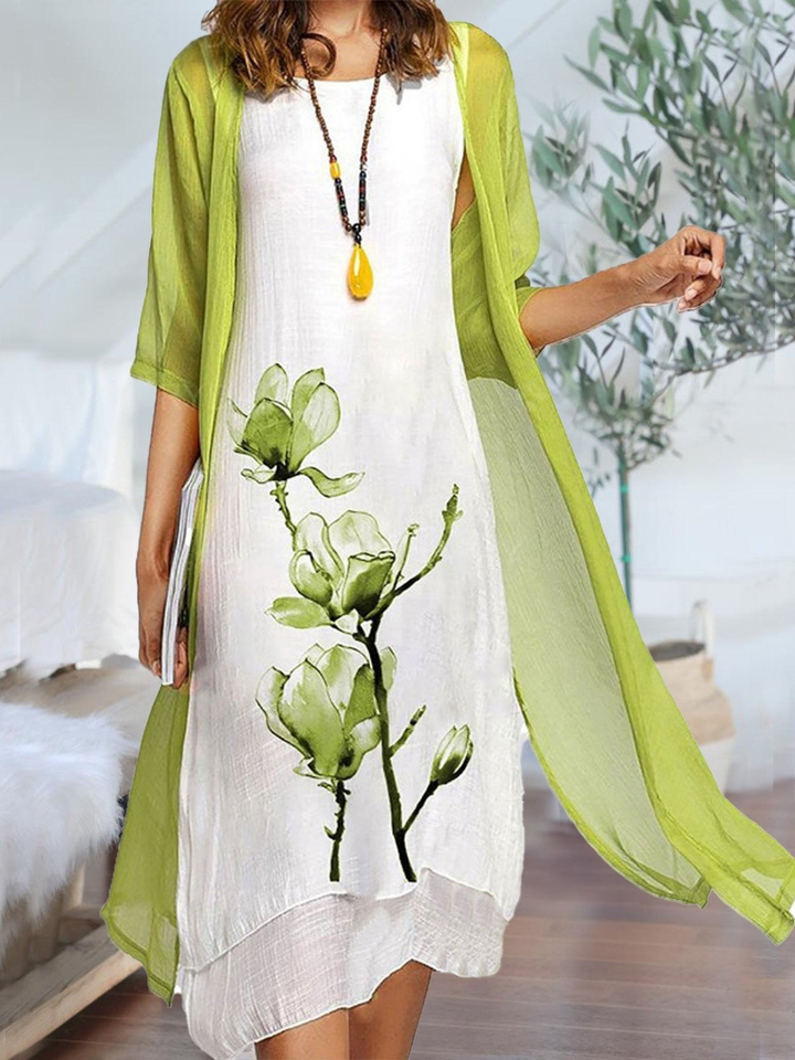Elegantes Damen Midikleid & Cardigan Set mit floralem Blumendruck für den Sommer; vielseitiger Lagenlook.