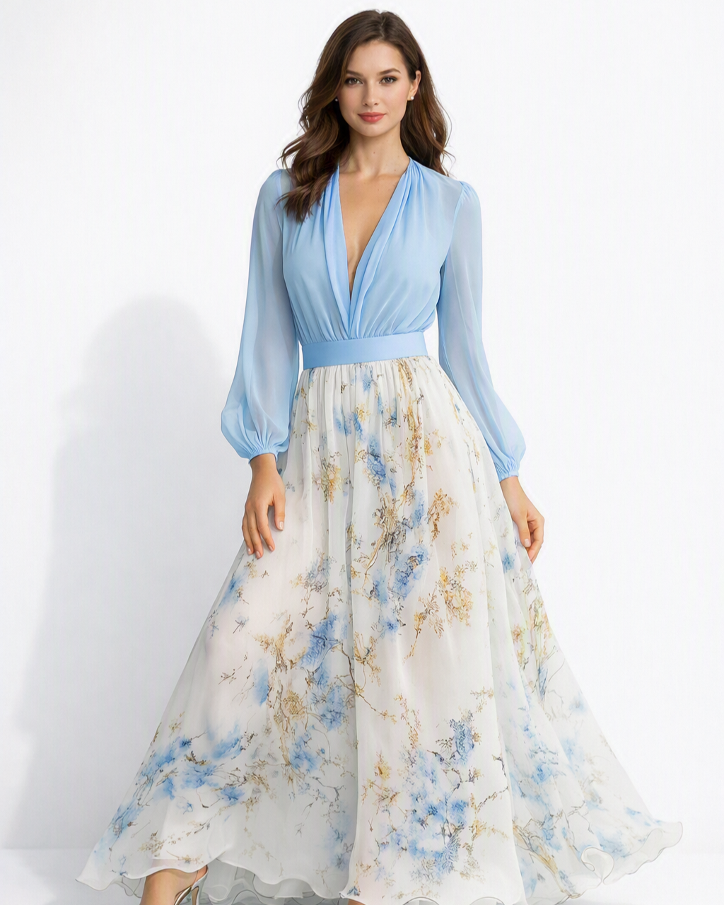 Elegantes Damen Maxikleid mit Blumenmuster, V-Ausschnitt und langen Ärmeln für Frühling und Sommer.