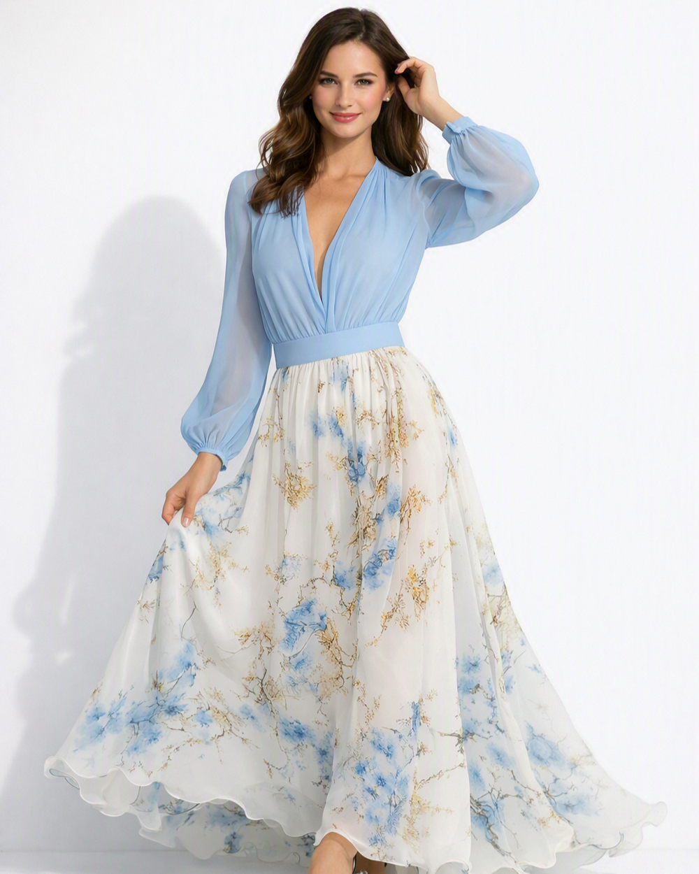 Modisches Damen A-Linien Maxikleid mit V-Ausschnitt und floralem Print, ideal als Freizeit- oder Sommerkleid.