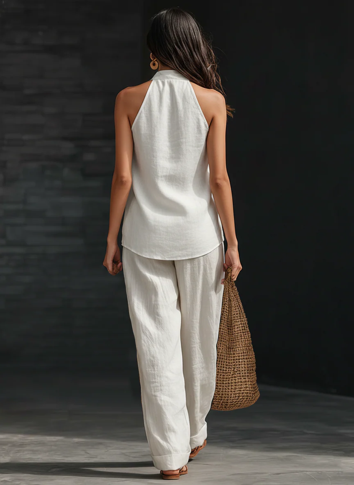 Damen Sommer Zweiteiler Set: Stilvolles weißes Kurzarm Top mit Rundhals. Ideal für elegante Freizeitlooks.