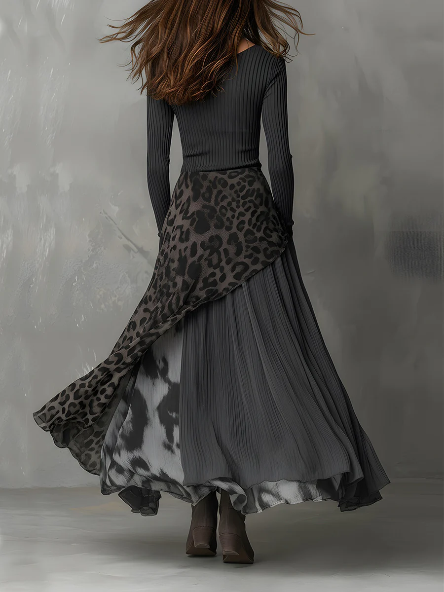 Lässiges Damen Maxikleid mit modernem Leopardenmuster, asymmetrischem Saum und langen Ärmeln. Ideal für Freizeit.