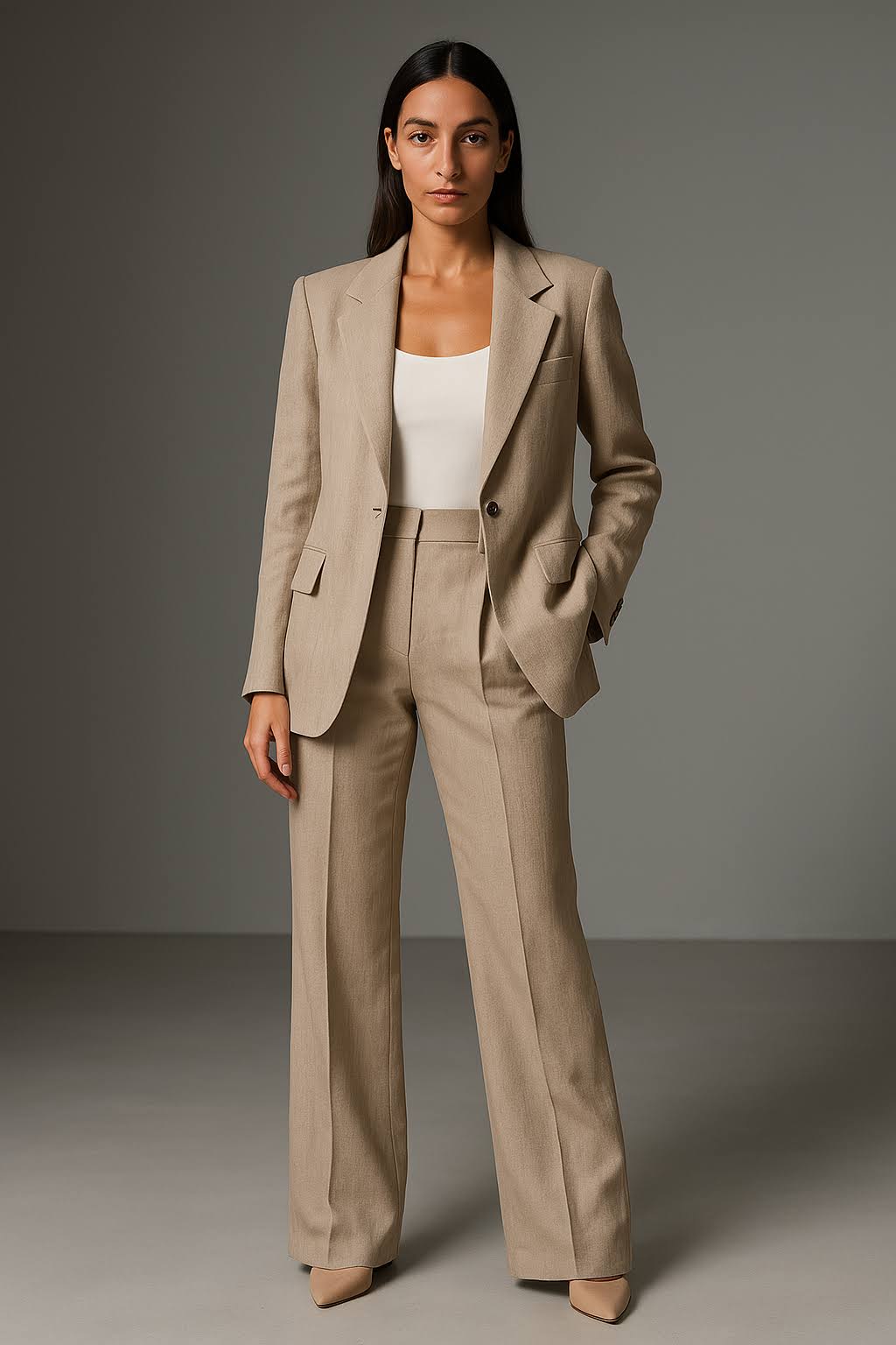 Stilvoller Damenhosenanzug: Eleganter Blazer & fließende weite Hose für Business-Events & formelle Anlässe.