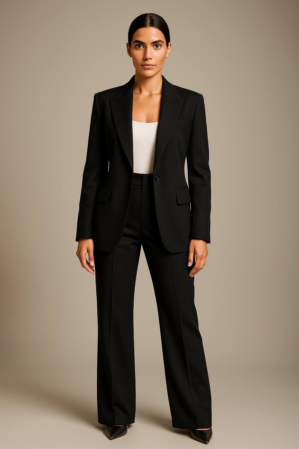 Professionelles Damen Business Anzugset: Taillierter Blazer & komfortable weite Hose für einen seriösen Auftritt.