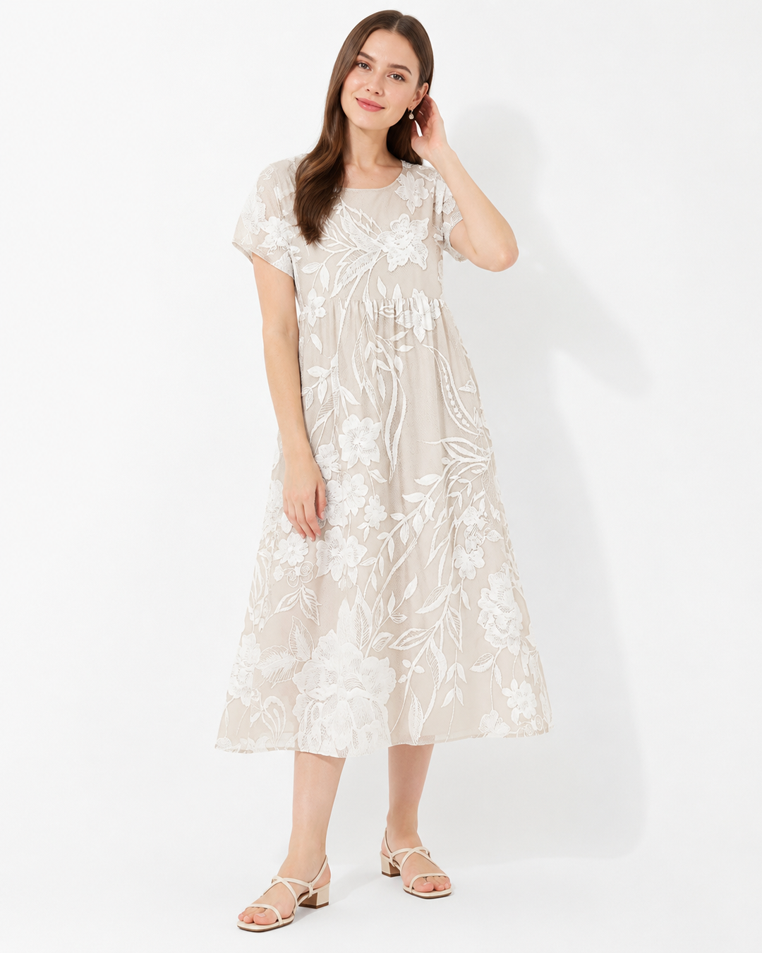 Zeitloses weißes Damen Rundhals-Midikleid mit Kurzarm in A-Linie, perfekt als elegantes Sommer-Freizeitkleid.