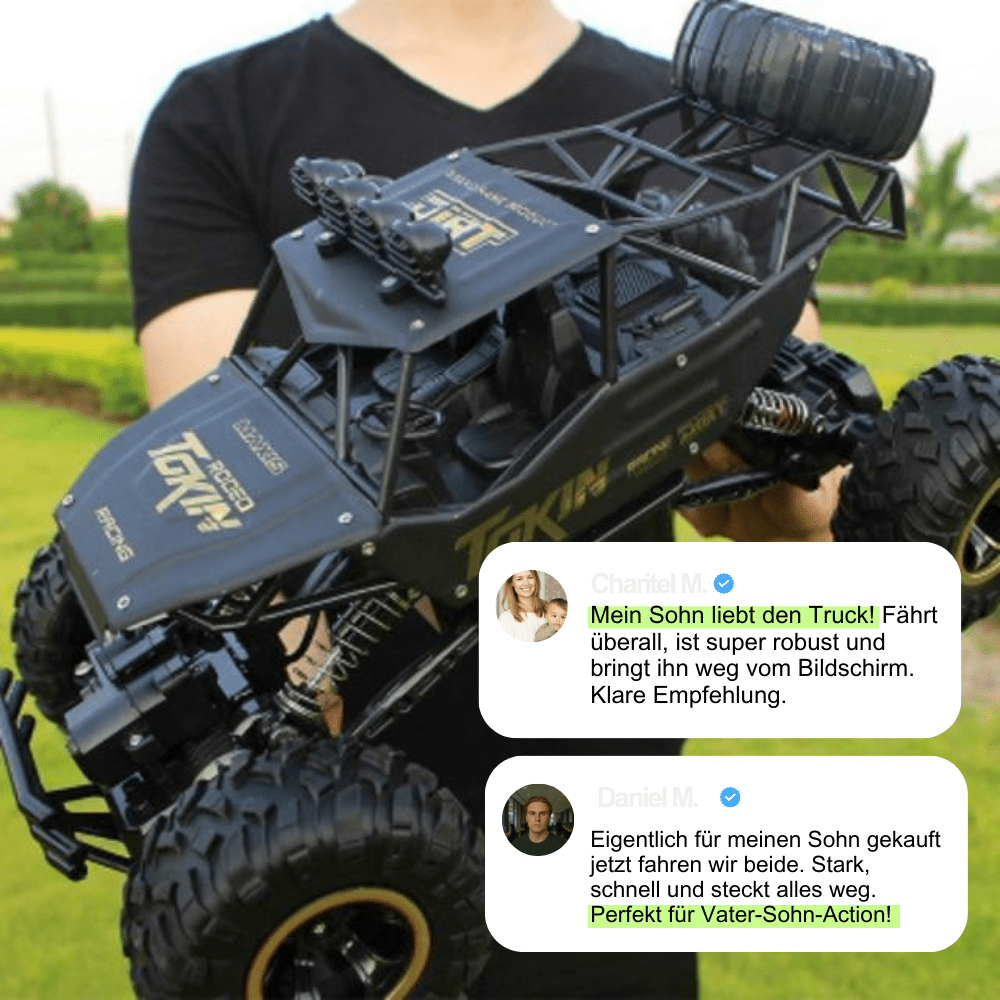 Actionreicher RC Monster Truck mit Allradantrieb. Ferngesteuertes Elektroauto für Offroad-Abenteuer im Freien.