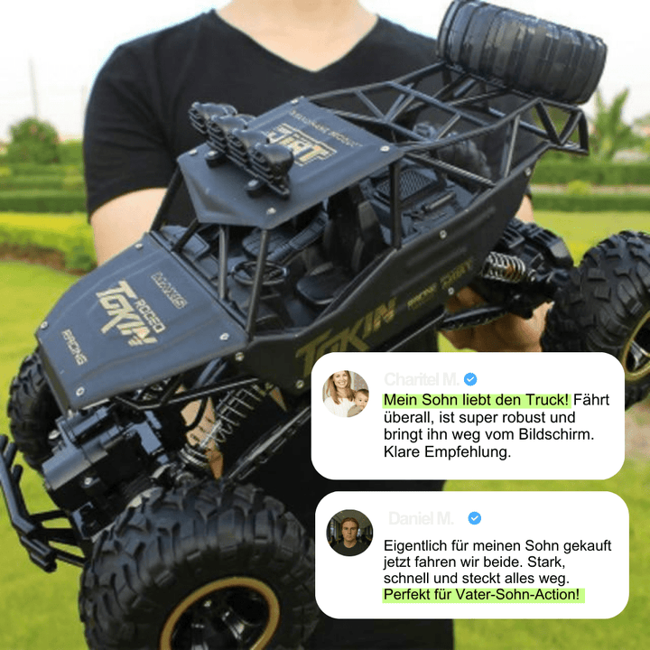 Actionreicher RC Monster Truck mit Allradantrieb. Ferngesteuertes Elektroauto für Offroad-Abenteuer im Freien.