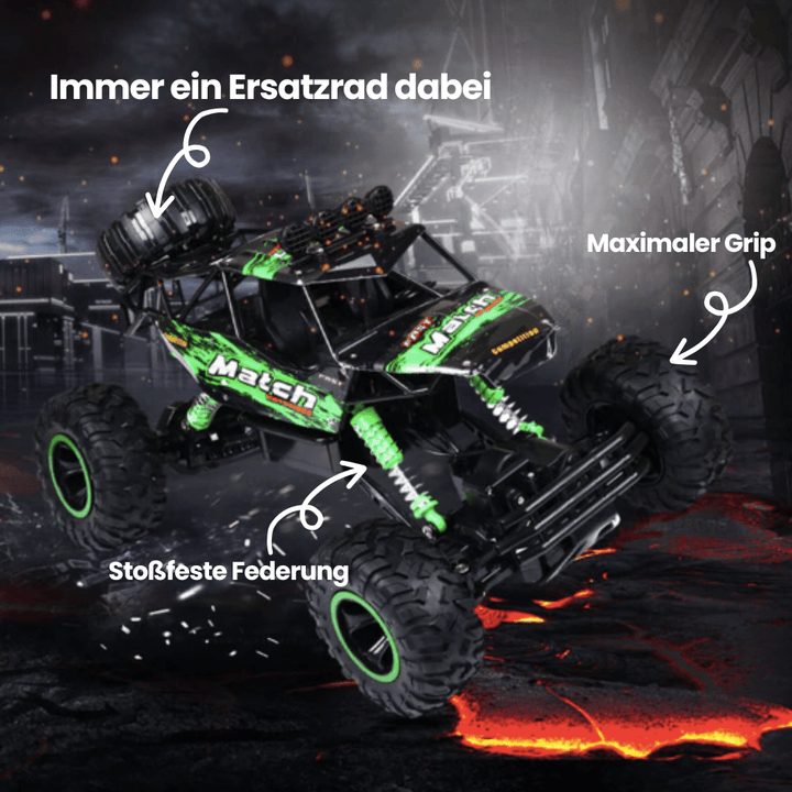 Hochwertiger RC Monster Truck, ferngesteuert, mit robustem Allradantrieb für extreme Offroad-Strecken.