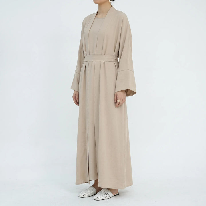Bequemes Damen Zweiteiliges Abaya Cardigan Kleid Set mit langem Ärmel, ideal für Alltagsmode & Reiseoutfits.