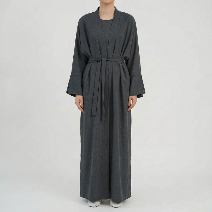 Fließendes Damen Zweiteiliges Abaya Cardigan Kleid Set, bequem & atmungsaktiv, ideal für einen eleganten Look.