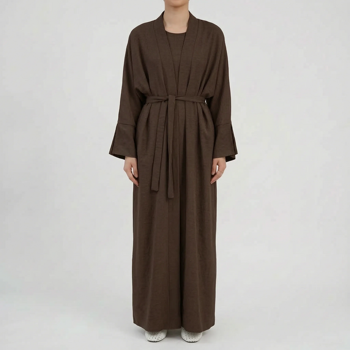 Vielseitiges Damen Abaya Zweiteiler Set, stylisches Cardigan Kleid für Alltagsmode, frühlingshaft und locker sitzend.