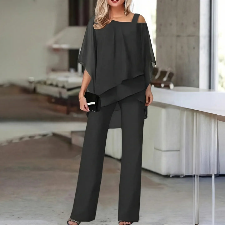 Damen Zweiteiliges Set mit weitem Bein, asymmetrischem Cold Shoulder Top. Komfortables Sommer Outfit.