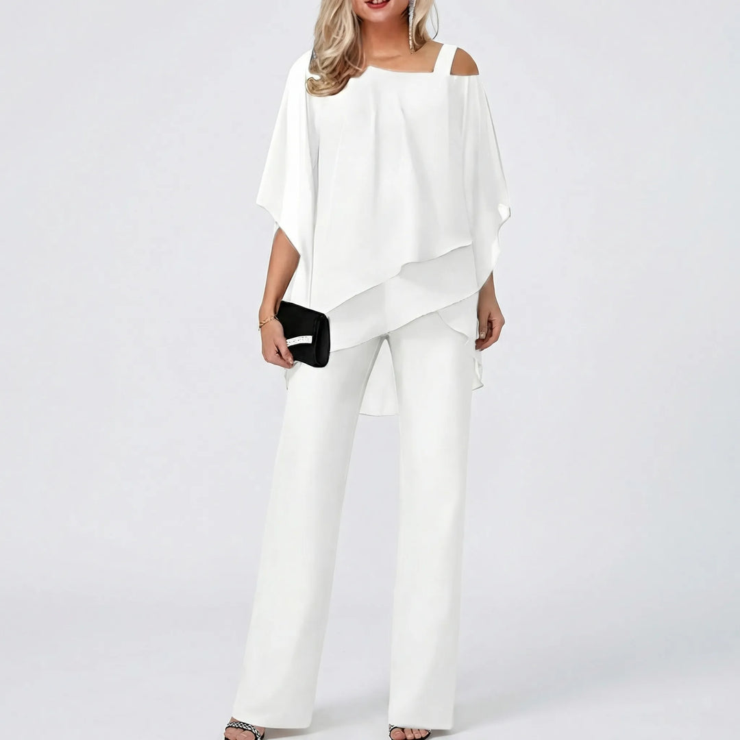 Modernes Damen Zweiteiler Set mit weitem Bein. Alltags- & festtauglich, komfortabel, Cold Shoulder.