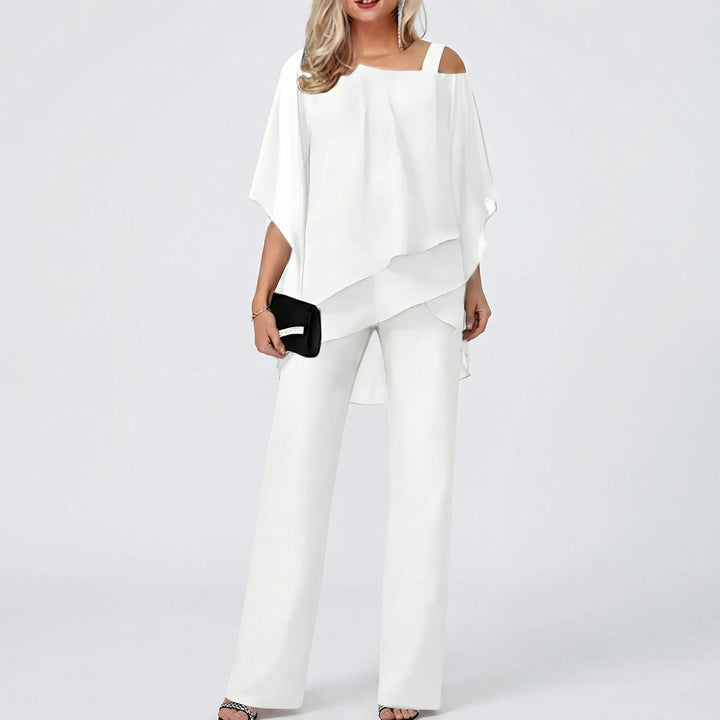 Modernes Damen Zweiteiler Set mit weitem Bein. Alltags- & festtauglich, komfortabel, Cold Shoulder.