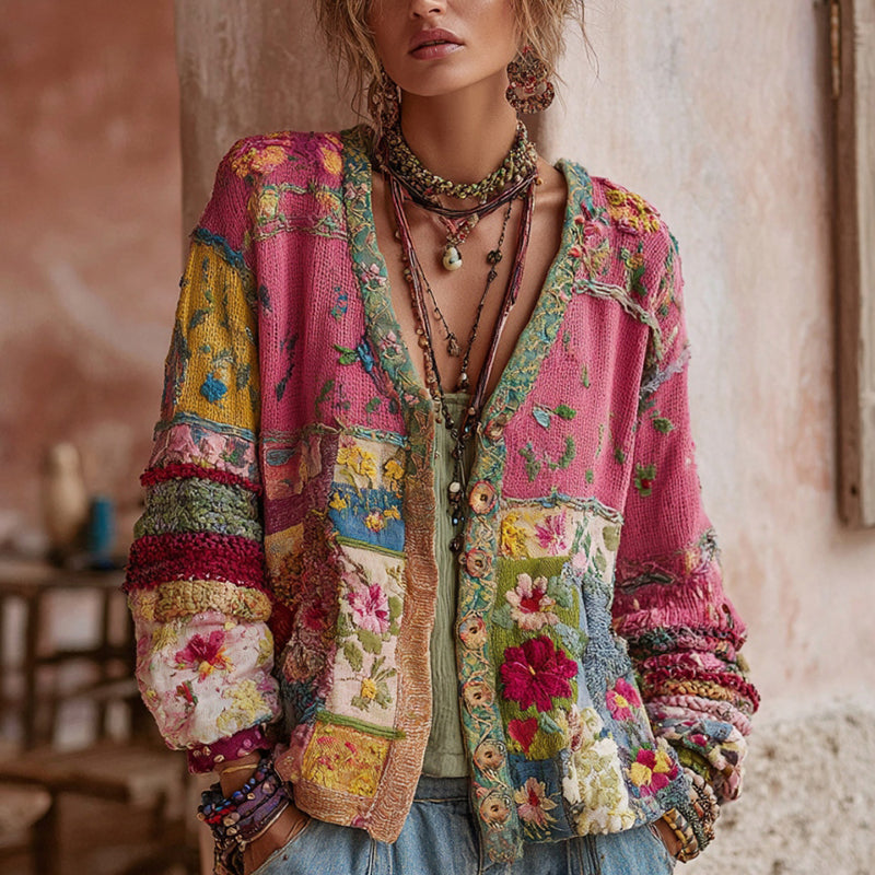 Damen Patchwork Strickjacke mit Blumen-Stickerei, locker geschnitten, V-Ausschnitt Grobstrick Cardigan für Frühling/Herbst.