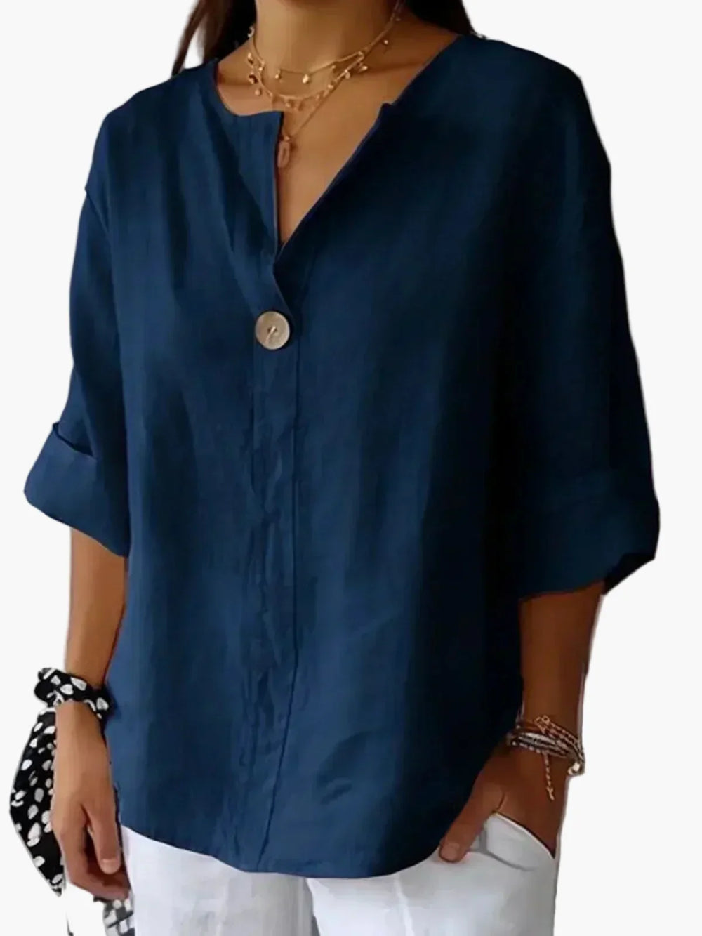 Modische Damen Bluse mit V-Ausschnitt, perfekt kombiniert für Frühling & Sommer, ideal für Büro und Freizeit.