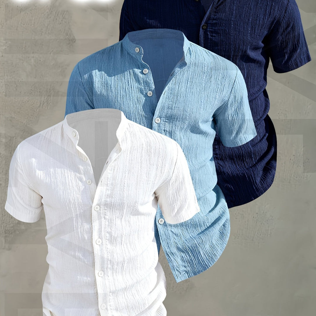 Casual Herren Kurzarmhemd im 3er-Pack; Stehkragen, Knopfleiste, ideal für entspannte Sommertage.