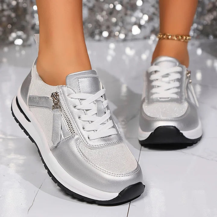 Grauer Damen Freizeitschuh: bequemer Schnür-Sneaker mit Reißverschluss. Ideal für lange Spaziergänge.