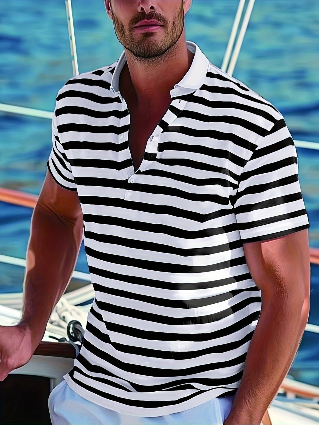 Bequemes Herren Poloshirt, gestreift, mit Kurzarm, atmungsaktiv, ideal für warme Sommertage.