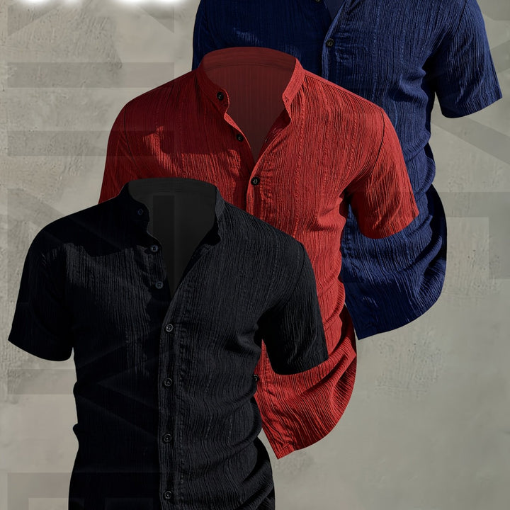 Eleganter 3er-Pack Herren Kurzarm Stehkragen Hemden; perfekt für sommerliche Freizeitaktivitäten.
