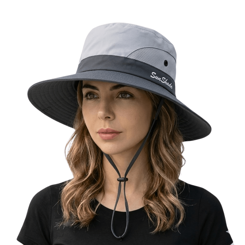Leichter Sommerhut für Damen mit UV-Schutz, atmungsaktiv & faltbar, verfügbar in Grau, Schwarz, Rosa für den Strand.