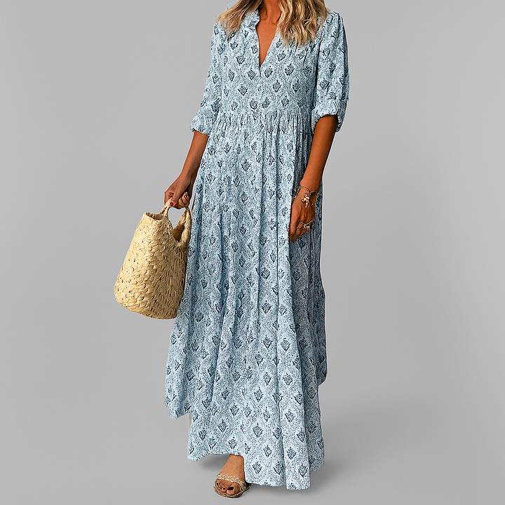 Damen Maxikleid mit elegantem Blumenprint, fließender A-Linie und V-Ausschnitt für sommerliche Anlässe.