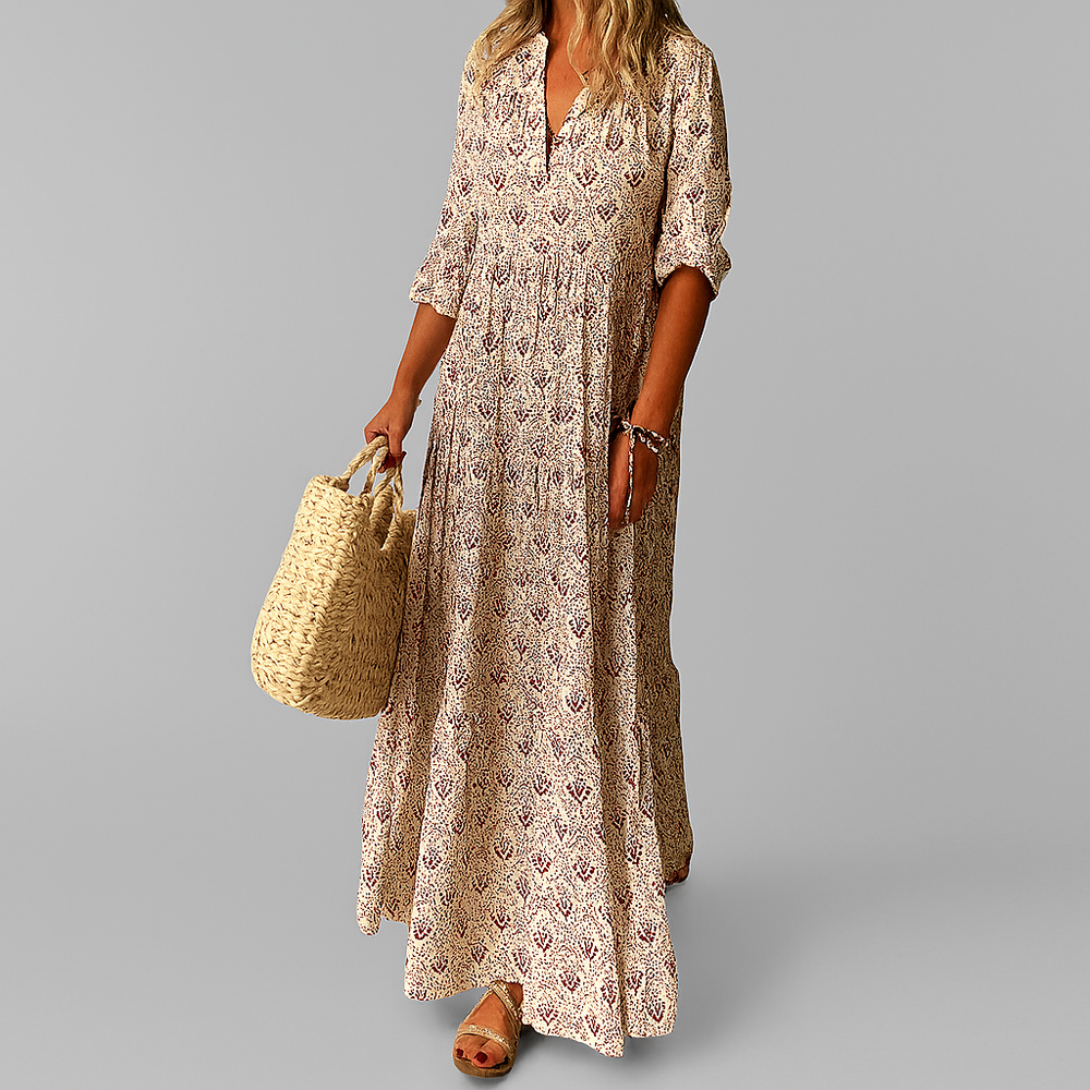 Boho Sommer Maxikleid für Damen in A-Linie mit Blumenmuster und Langarm, ideal als Freizeit- oder Partykleid.
