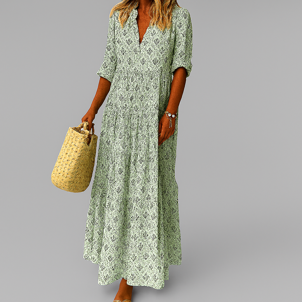 Damen Sommer Maxikleid mit floralem Muster in Pink, fließende A-Linie und V-Ausschnitt. Vielseitiges Freizeitkleid.
