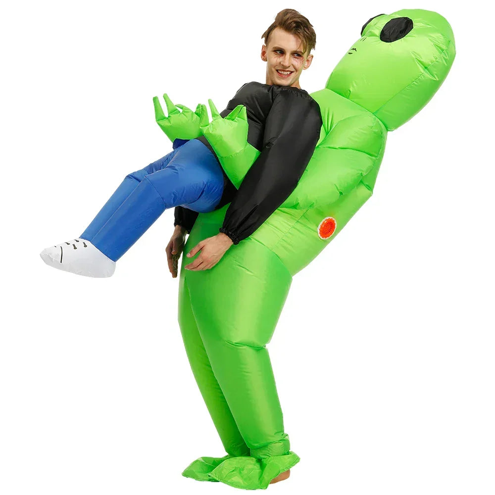 Grünes, aufblasbares Alien Kostüm mit großem Kopf, ein lustiges Outfit für jede Motto-Party oder Cosplay-Event.