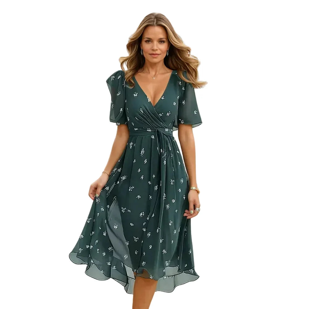 Leichtes Damen V-Ausschnitt Sommerkleid, Midi-Länge, perfekt für Freizeit & elegante Anlässe, vielseitige Sommermode.