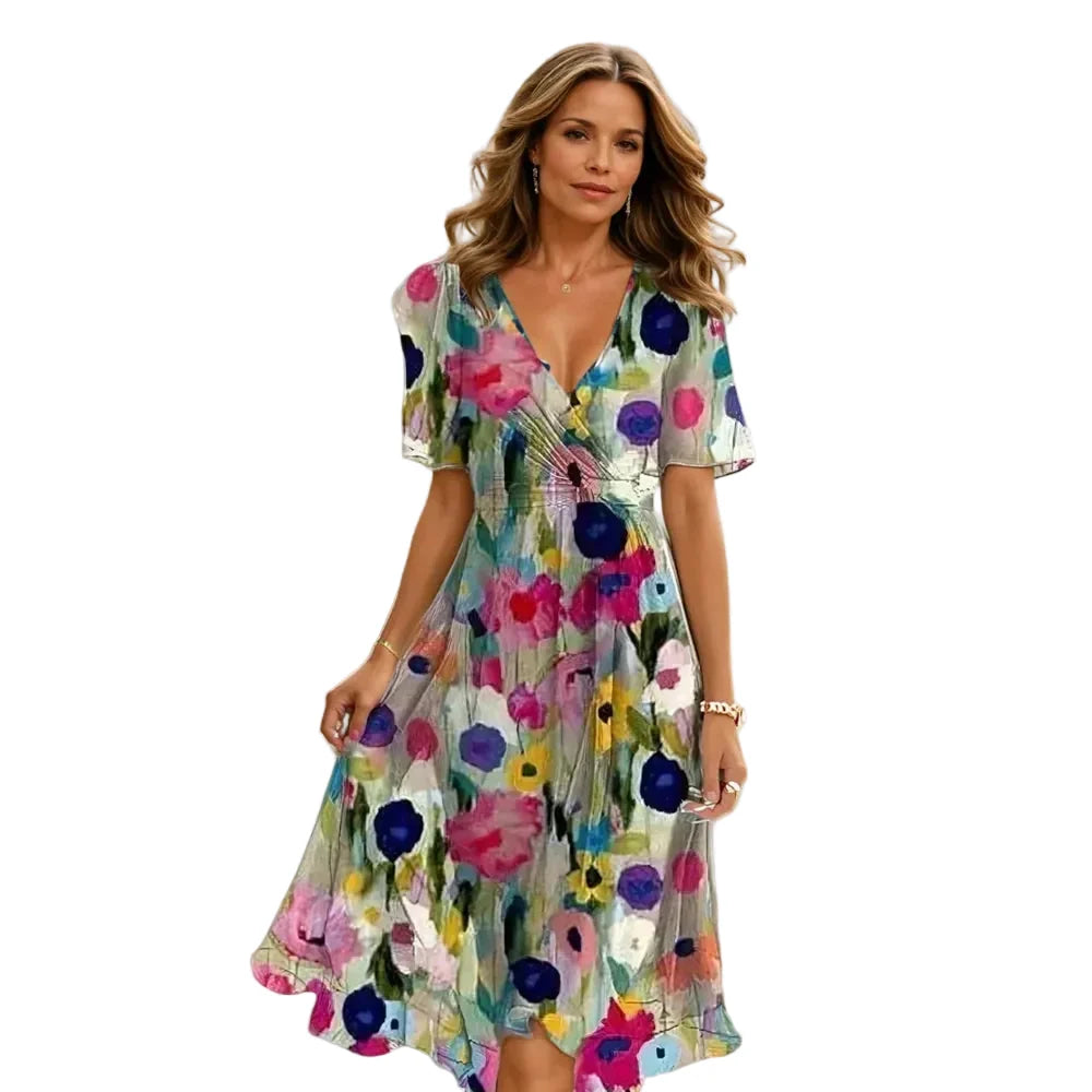 Bequemes, luftiges Damen Midi-Sommerkleid mit V-Ausschnitt; modisches Freizeitkleid für warme Sommertage.
