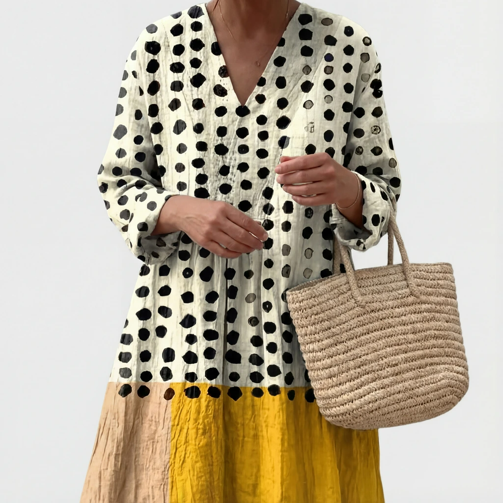 Bequemes Damen Maxikleid mit eleganter Stufensilhouette und V-Ausschnitt, Relaxed Fit für den Alltag.