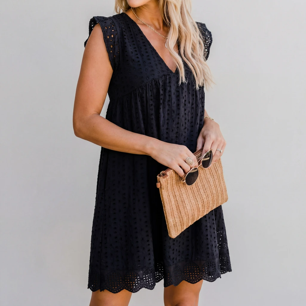 Damen Minikleid im Relaxed Fit mit V-Ausschnitt, ärmellos, perfekt für Sommer, Freizeit und Urlaub.