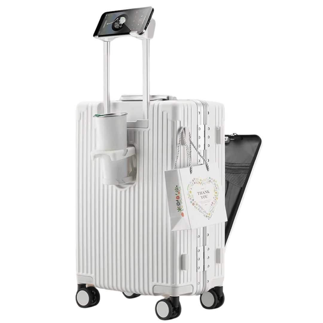 Unisex Hartschalen-Handgepäckkoffer mit Spinner-Rädern, ideal für smarte und sichere Reisen.