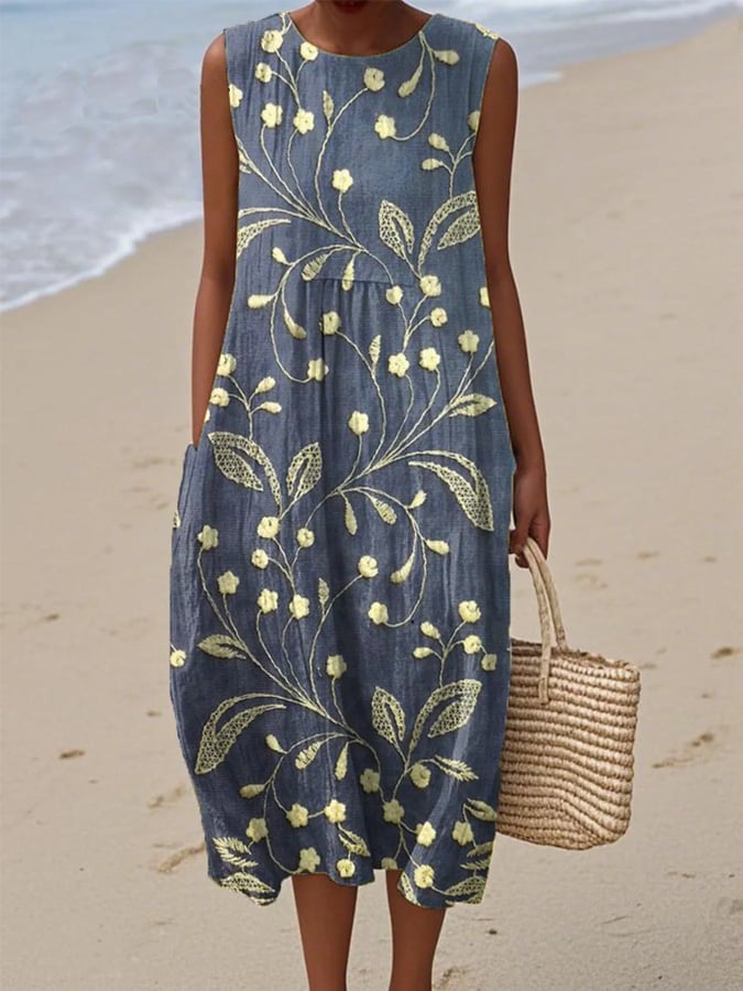 Damen ärmelloses Strandkleid mit blauem Blumenprint. Luftiges Sommerkleid, atmungsaktiv für Freizeit und Urlaub.