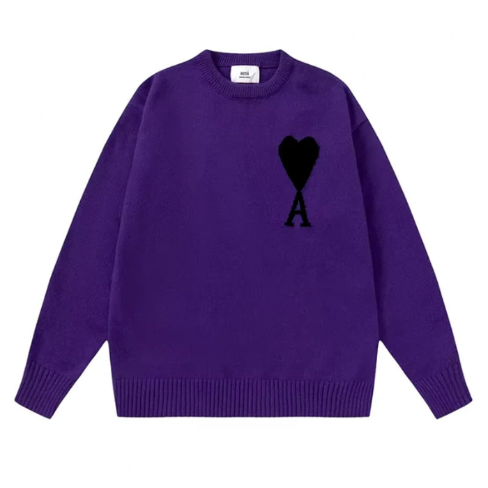 Weicher, lockerer Damen Strickpullover mit Langarm. Herz- & A-Buchstaben-Print, ideal für Alltag & Freizeit.