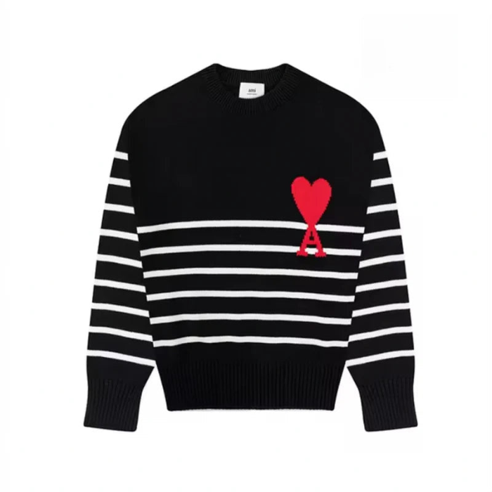 Trendiger Damen Pullover mit Herz & A-Print. Lockerer Langarm-Strickpullover, Rundhalsausschnitt, ideal für Mode.