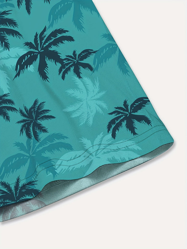 Modernes blaues Palmenprint Herren Kurzarmhemd, vielseitig für Strand, Pool & entspannte Anlässe.