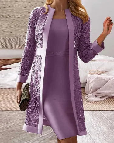 Damen 2-Teiler Spitzen-Cardigan-Kleid in Blaugruen. Edles Etuikleid für Frühling & Anlassmode.