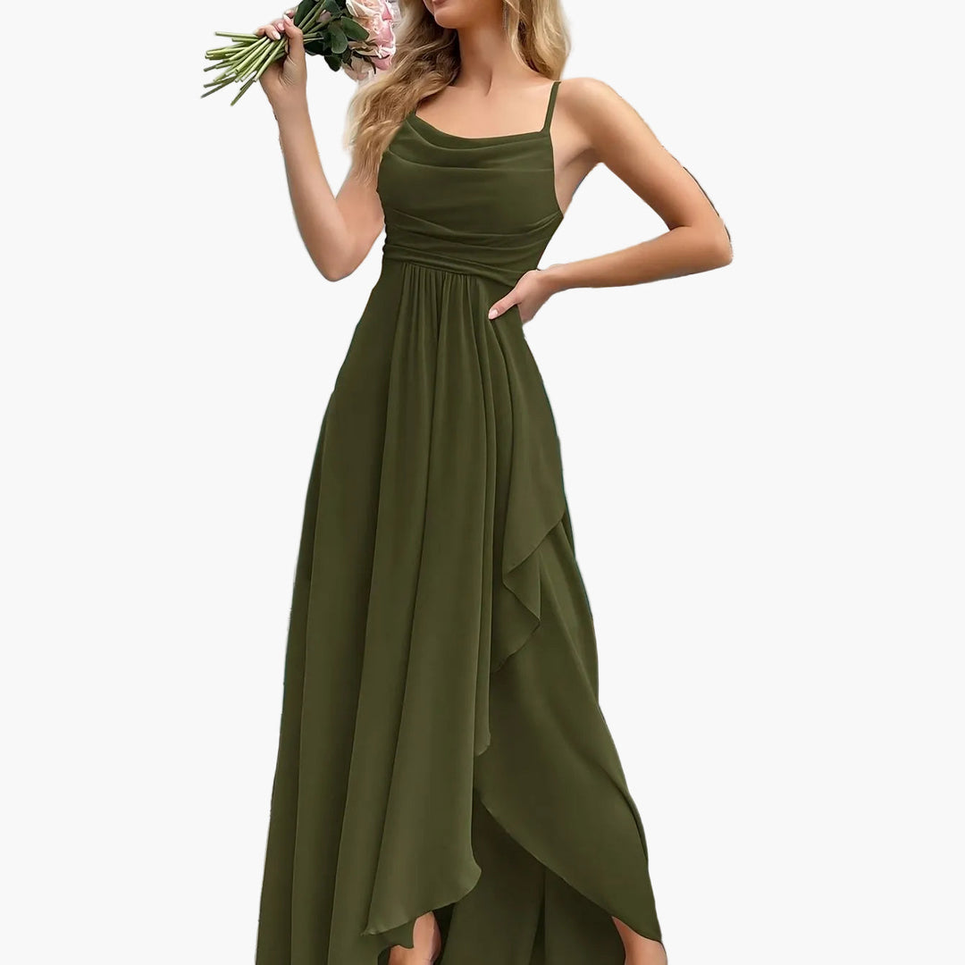 Damen-Abendkleid mit Spaghettiträgern, Maxilänge, Fit-Flare, elegant für Hochzeiten und Feiern.