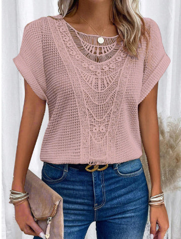 Stylisches Damen T-Shirt mit Spitze, Kurzarm. Eleganter Look für den Alltag und besondere Anlässe im Sommer.