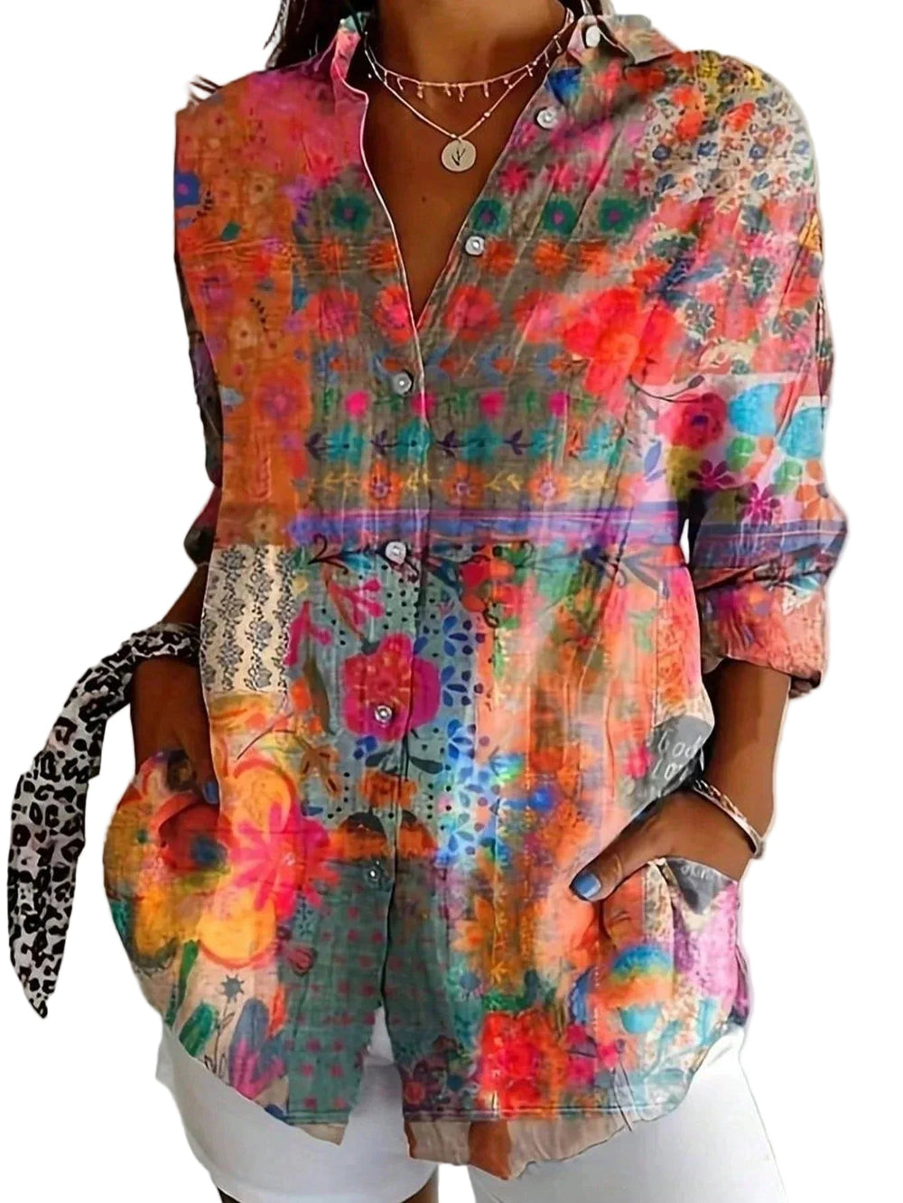 Elegante Damen Blumenbluse im Boho-Stil, mit Kragen & Knopfliste, locker & luftig für Freizeit.