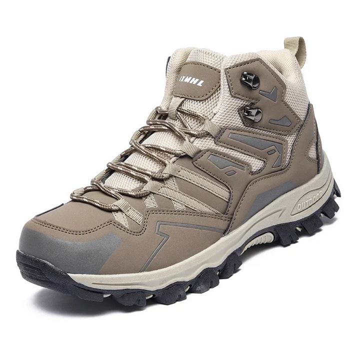 Paar Unisex Wanderstiefel. Wasserdichte Trekkingschuhe in Dunkelgrau/Schwarz, bereit für Outdoor-Abenteuer.