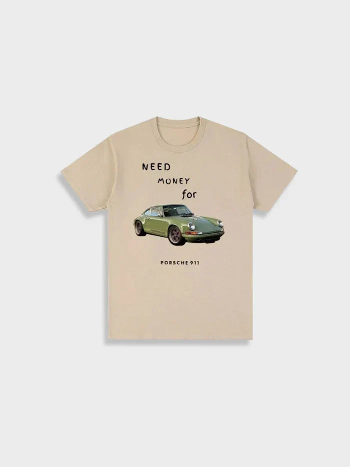 Unisex T-Shirt mit lustigem 'Geld für Porsche 911' Motiv. Ideal für Autoliebhaber & Freizeit im Sommer.