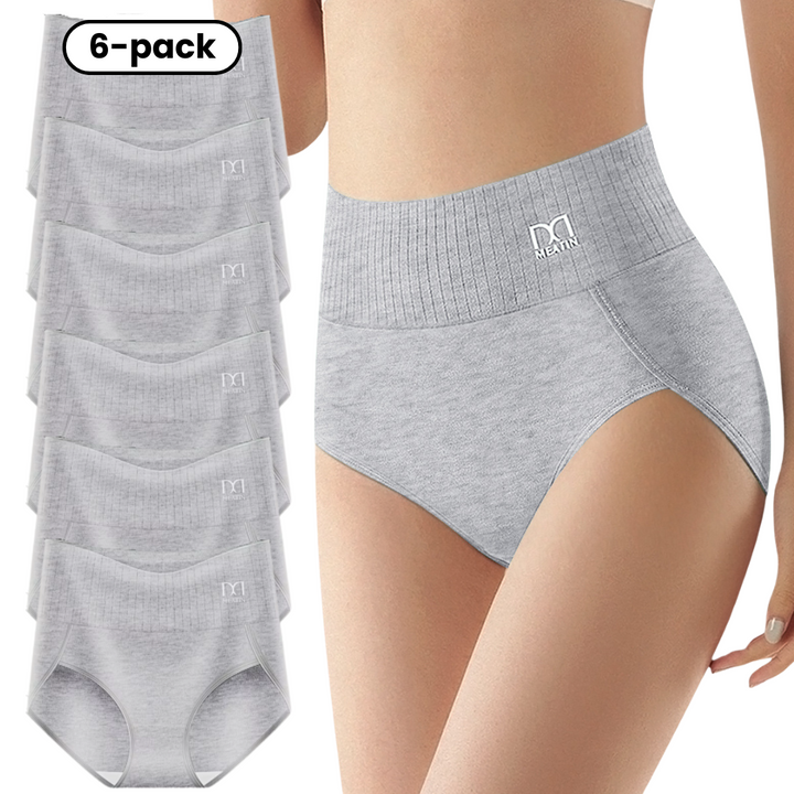 Mehrere Damen High-Waist Slips in Rosa, Beige, Grau. Bequeme Unterwäsche mit formender Bauchstütze.