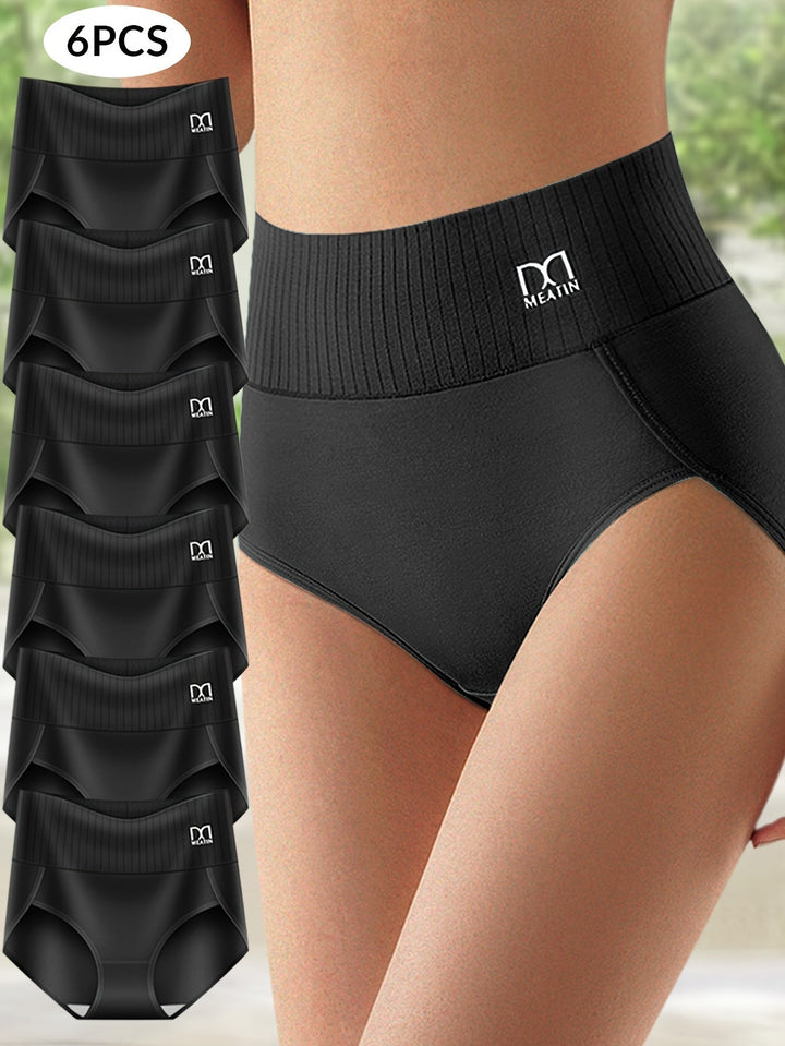 Set atmungsaktiver High-Waist Damenunterwäsche. Mehrfachpack bequemer Slips mit Bauchstütze in verschiedenen Farben.