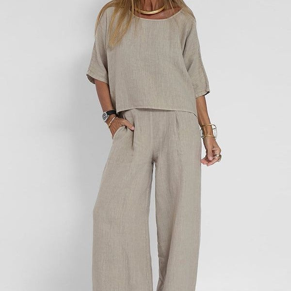 Bequemes Damen Sommer Set mit Halbarm Top & weitem Hose; perfekt für Freizeit, Urlaub und Strand. Modisch & vielseitig.