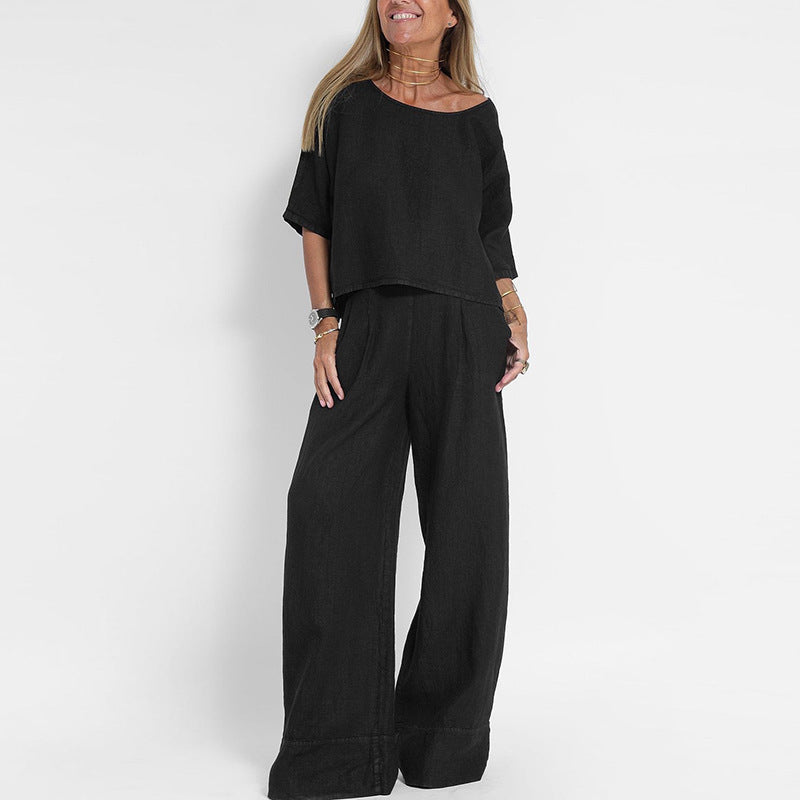Stylisches Damen Zweiteiler Sommer Set: Modisches Halbarm Top und weite Hose für einen lässigen Casual-Look.